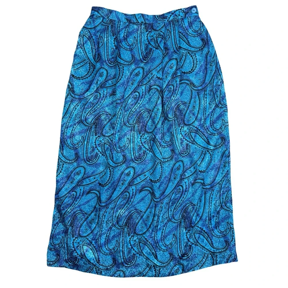 Vintage Blue Paisley Midi Skirt Women's Size‎ 6 Pockets Boho Secretary